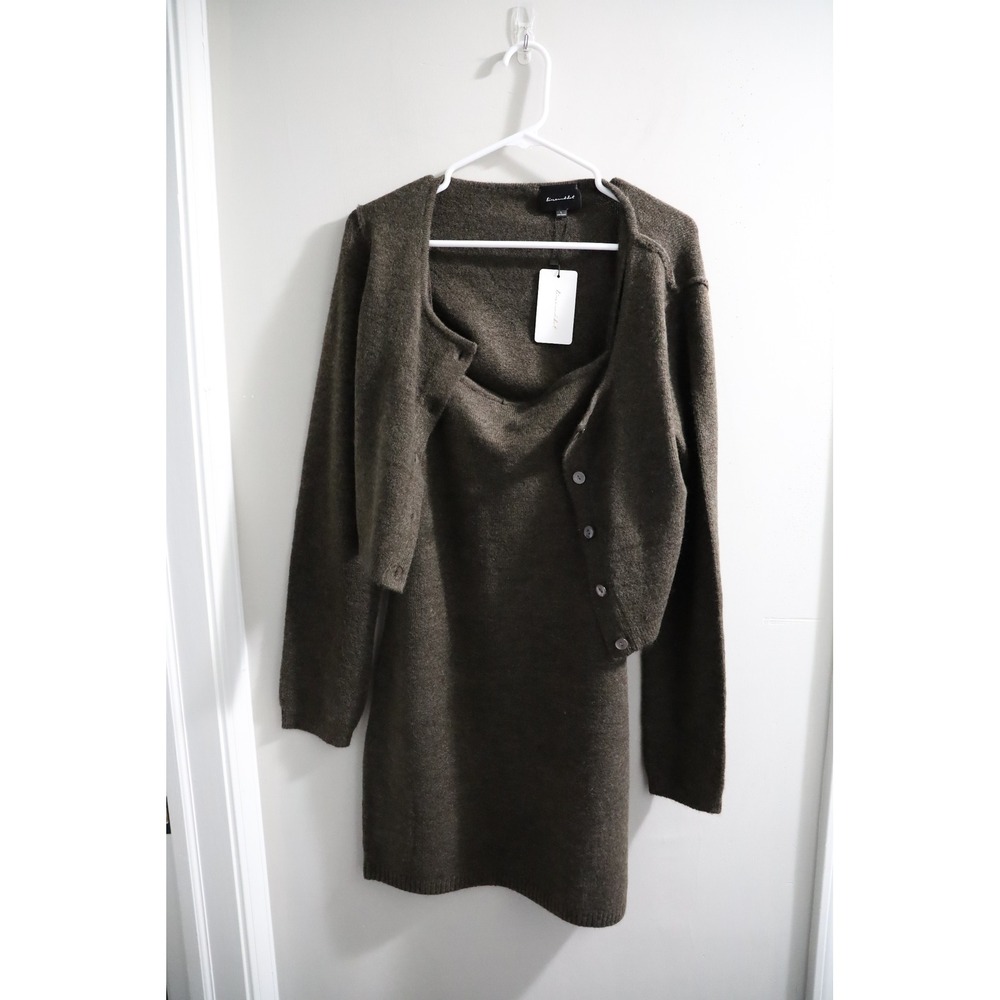 Line and Dot Olive Brown Knit Sweater Dress and Cardigan‎ Set L NEW